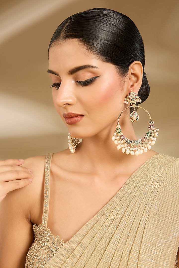 Gold Finish Pearl Drop & Multi-Colored Stone Chandbali Earrings by Vivinia By Vidhi Mehra at Pernia's Pop Up Shop