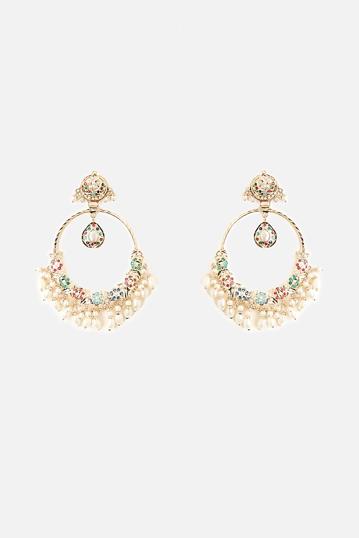 Gold Finish Pearl Drop & Multi-Colored Stone Chandbali Earrings by Vivinia By Vidhi Mehra at Pernia's Pop Up Shop