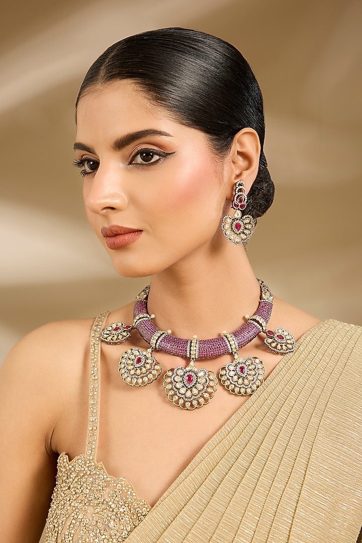 Gold Finish Kundan Polki & Purple Beaded Choker Necklace Set by Vivinia By Vidhi Mehra at Pernia's Pop Up Shop