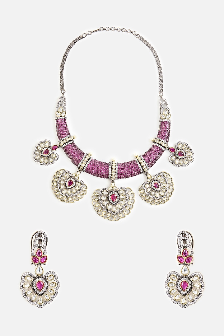 Gold Finish Kundan Polki & Purple Beaded Choker Necklace Set by Vivinia By Vidhi Mehra at Pernia's Pop Up Shop