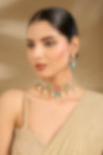 Gold Finish Multi-Colored Stone & Beaded Choker Necklace Set by Vivinia By Vidhi Mehra at Pernia's Pop Up Shop