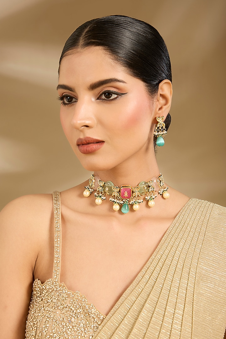Gold Finish Multi-Colored Stone & Beaded Choker Necklace Set by Vivinia By Vidhi Mehra at Pernia's Pop Up Shop