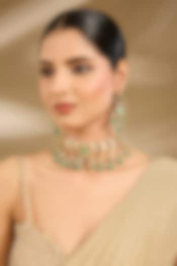 Gold Finish Green Beaded Choker Necklace Set by Vivinia By Vidhi Mehra at Pernia's Pop Up Shop