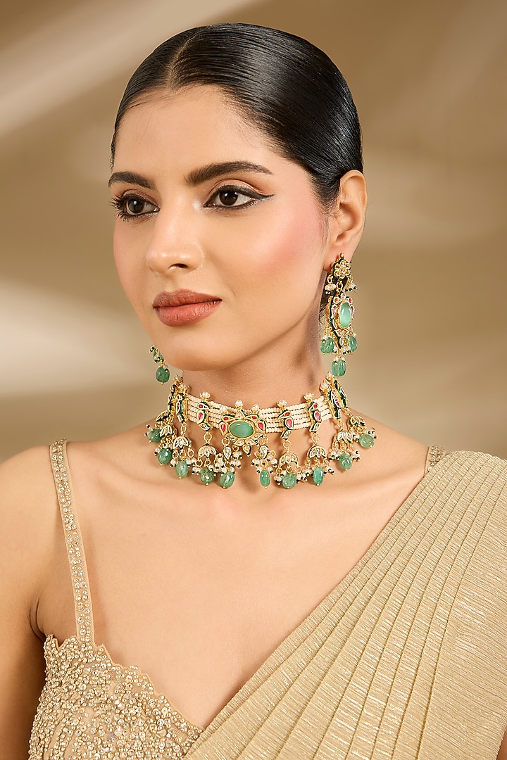 Gold Finish Green Beaded Choker Necklace Set by Vivinia By Vidhi Mehra at Pernia's Pop Up Shop