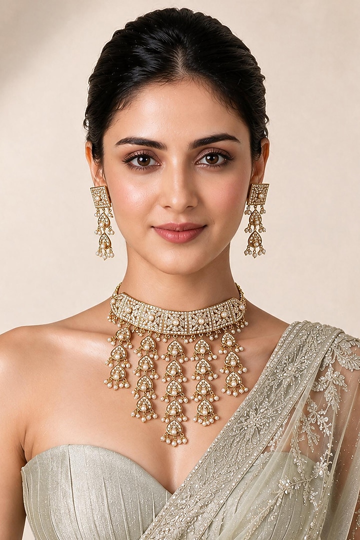 Gold Plated Kundan Polki & Pearl Jadau Choker Necklace Set by Vivinia By Vidhi Mehra at Pernia's Pop Up Shop