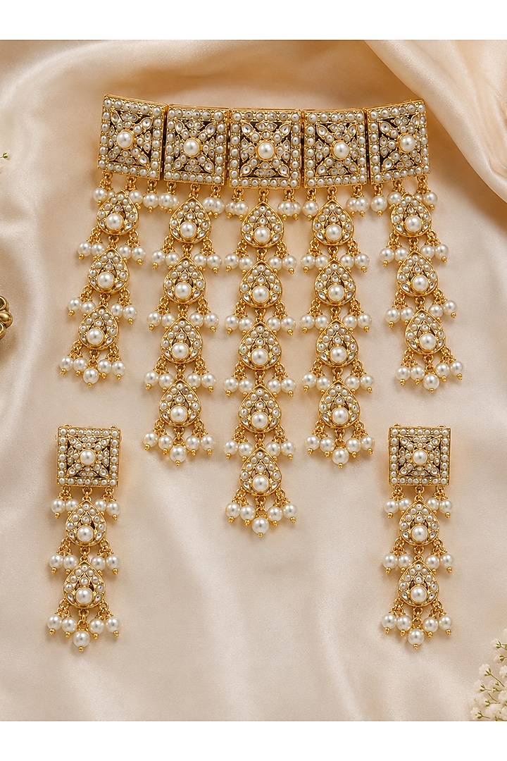 Gold Plated Kundan Polki & Pearl Jadau Choker Necklace Set by Vivinia By Vidhi Mehra at Pernia's Pop Up Shop