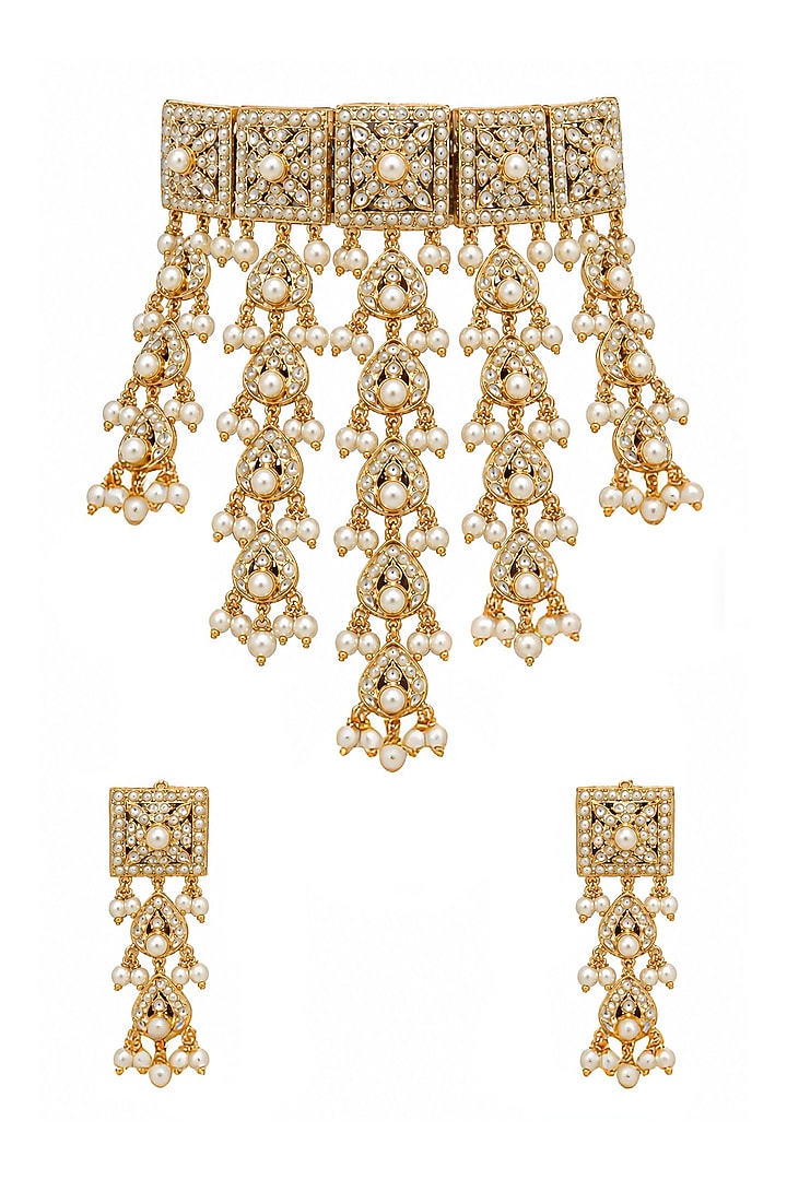 Gold Plated Kundan Polki & Pearl Jadau Choker Necklace Set by Vivinia By Vidhi Mehra at Pernia's Pop Up Shop