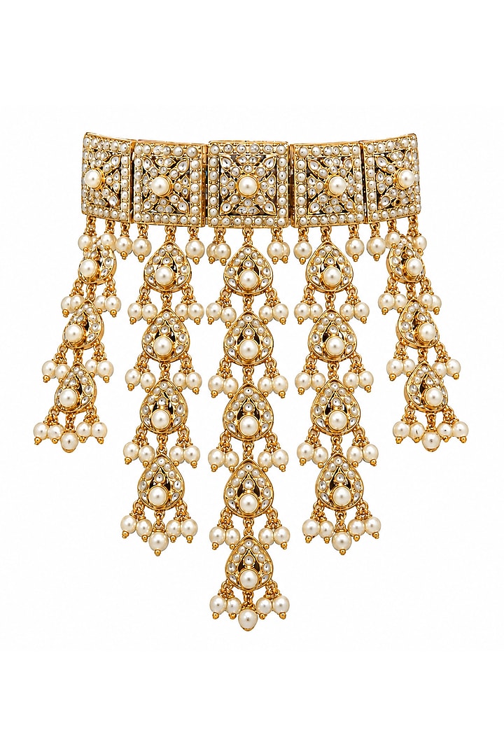 Gold Plated Kundan Polki & Pearl Jadau Choker Necklace Set by Vivinia By Vidhi Mehra at Pernia's Pop Up Shop