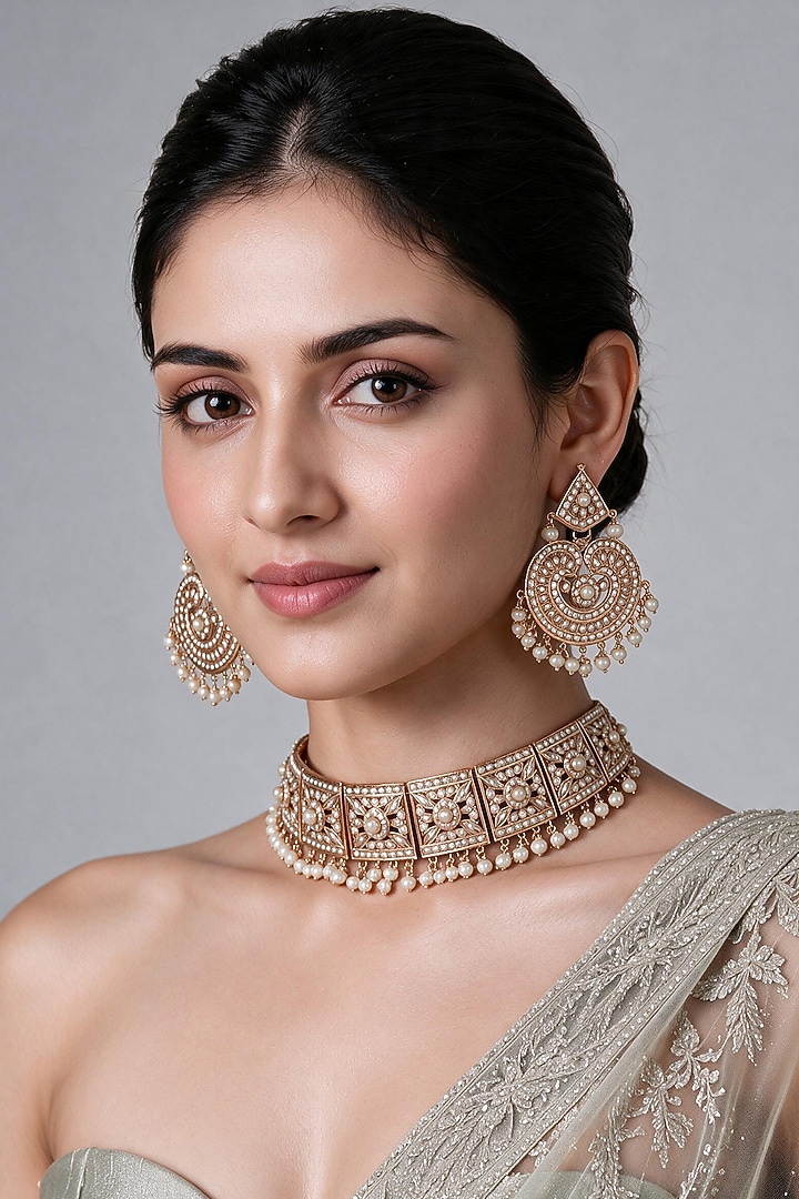 Gold Plated Kundan Polki & Pearl Jadau Choker Necklace Set by Vivinia By Vidhi Mehra at Pernia's Pop Up Shop