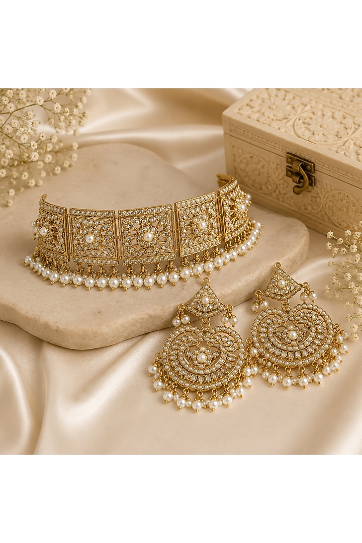 Gold Plated Kundan Polki & Pearl Jadau Choker Necklace Set by Vivinia By Vidhi Mehra at Pernia's Pop Up Shop