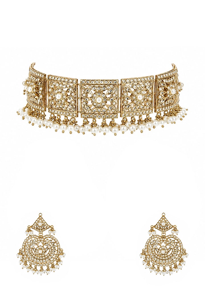 Gold Plated Kundan Polki & Pearl Jadau Choker Necklace Set by Vivinia By Vidhi Mehra at Pernia's Pop Up Shop