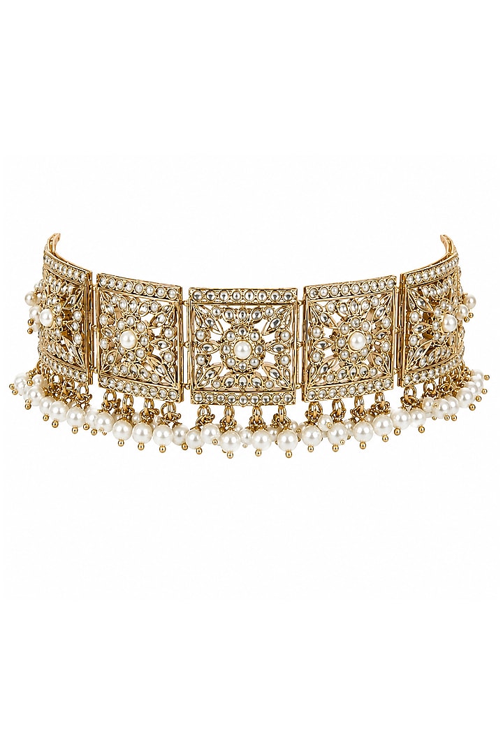 Gold Plated Kundan Polki & Pearl Jadau Choker Necklace Set by Vivinia By Vidhi Mehra at Pernia's Pop Up Shop