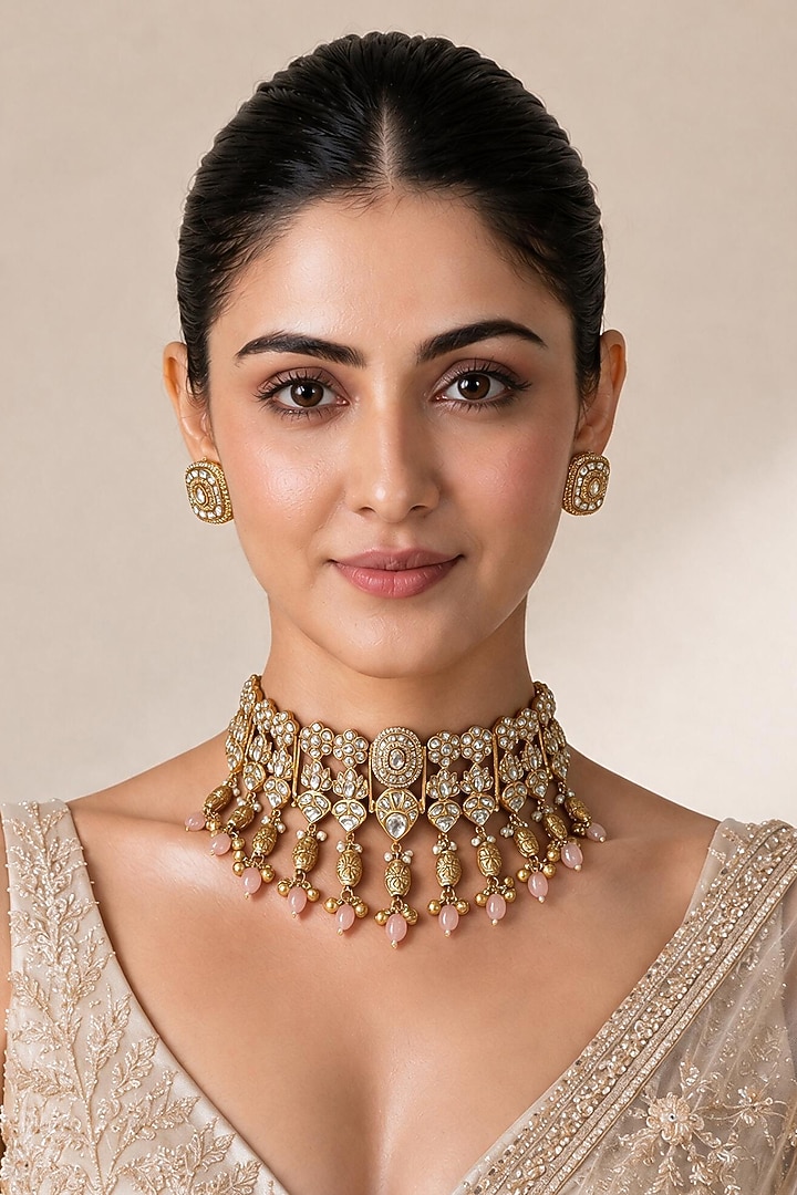 Gold Finish Kundan Polki & Blush Pink Beaded Choker Necklace Set by Vivinia By Vidhi Mehra at Pernia's Pop Up Shop