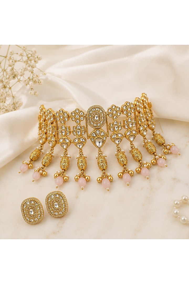 Gold Finish Kundan Polki & Blush Pink Beaded Choker Necklace Set by Vivinia By Vidhi Mehra at Pernia's Pop Up Shop