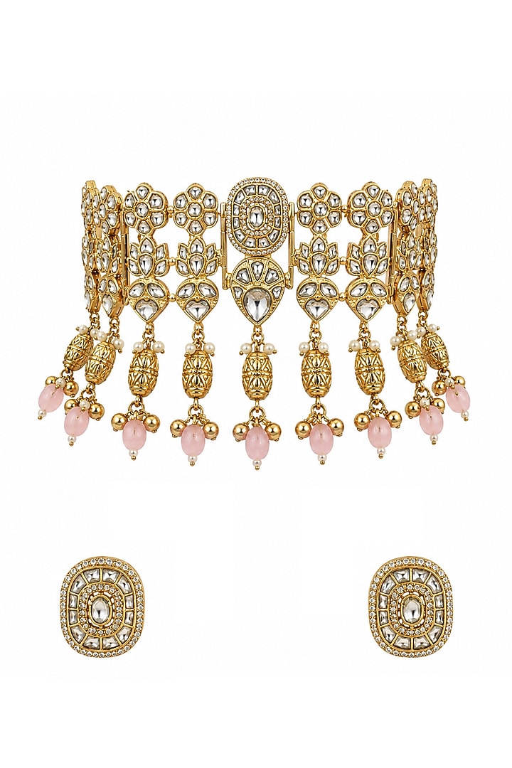 Gold Finish Kundan Polki & Blush Pink Beaded Choker Necklace Set by Vivinia By Vidhi Mehra at Pernia's Pop Up Shop