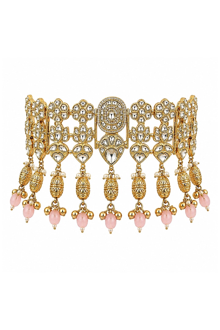 Gold Finish Kundan Polki & Blush Pink Beaded Choker Necklace Set by Vivinia By Vidhi Mehra at Pernia's Pop Up Shop