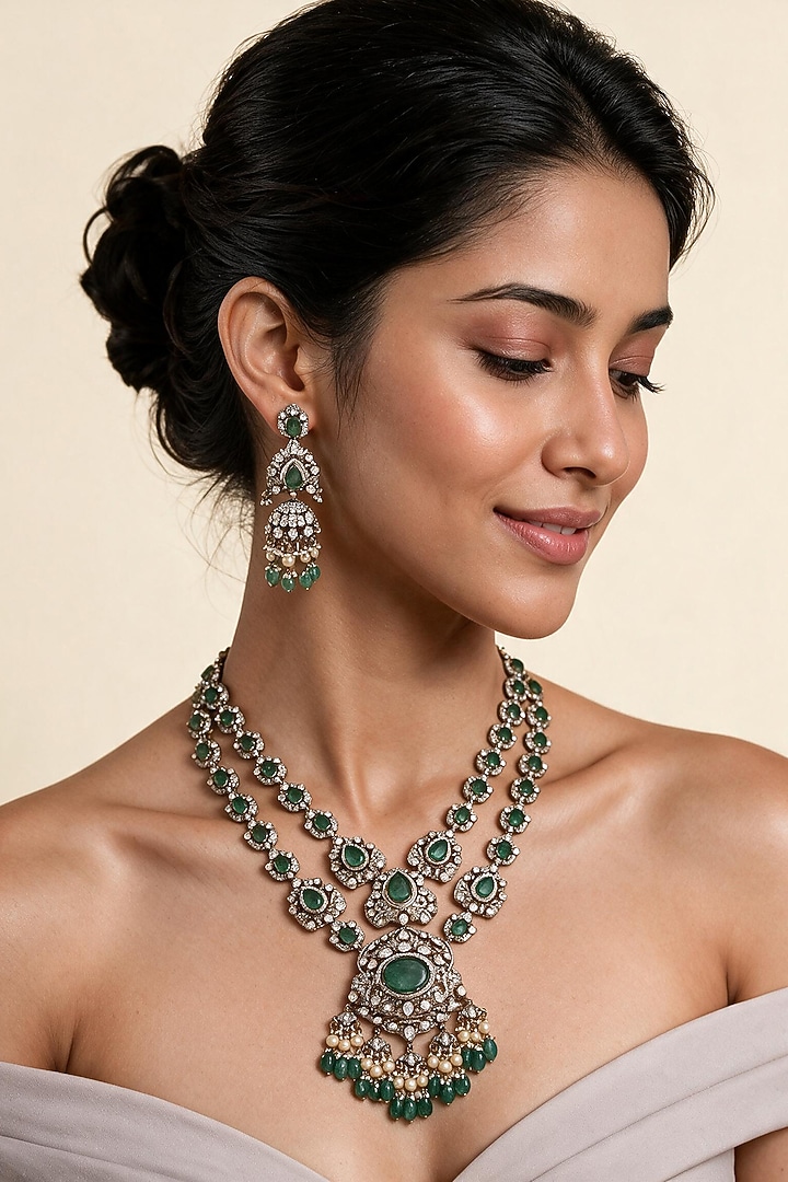 Gold Plated Moissanite Polki & Emerald Green Stone Layered Necklace Set by Vivinia By Vidhi Mehra at Pernia's Pop Up Shop