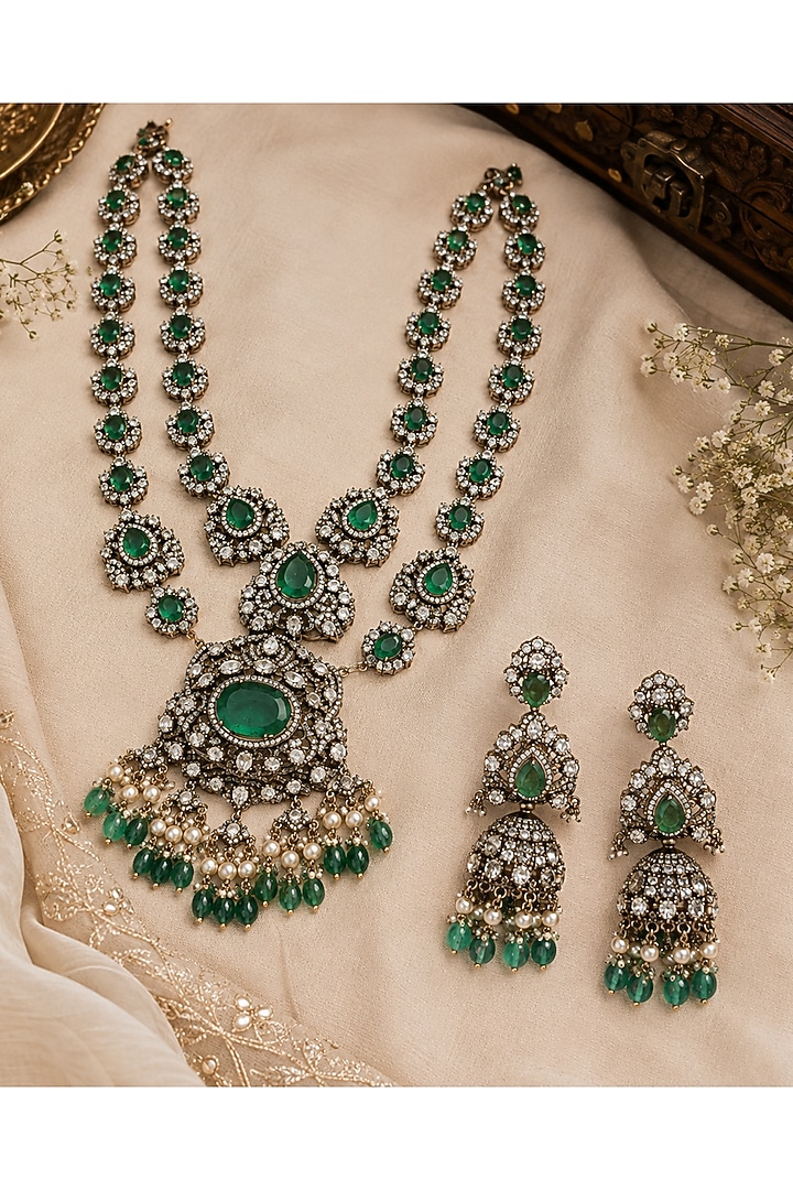 Gold Plated Moissanite Polki & Emerald Green Stone Layered Necklace Set by Vivinia By Vidhi Mehra at Pernia's Pop Up Shop
