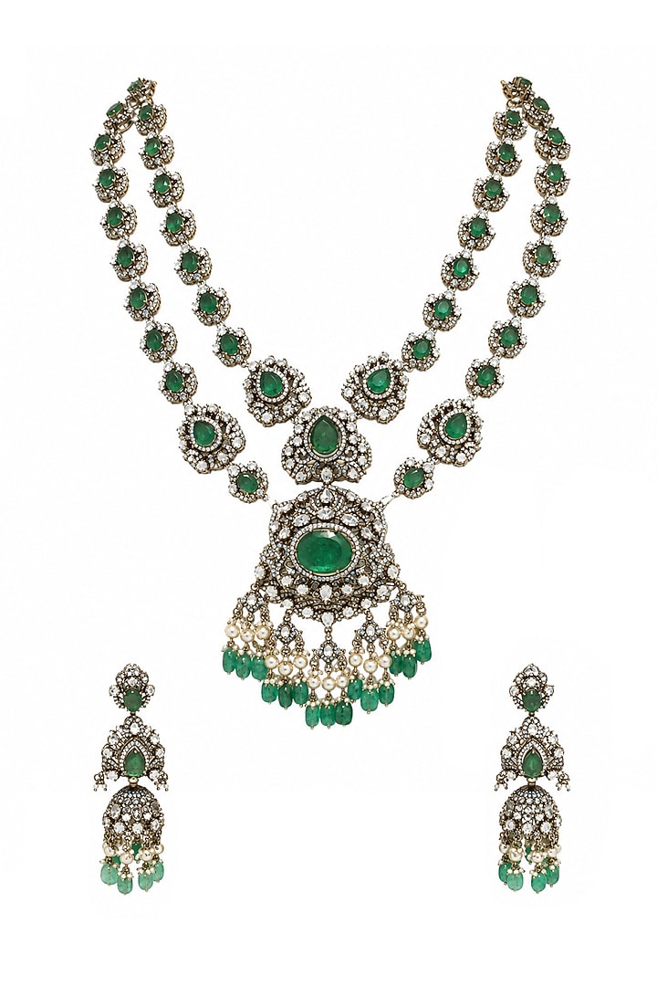 Gold Plated Moissanite Polki & Emerald Green Stone Layered Necklace Set by Vivinia By Vidhi Mehra at Pernia's Pop Up Shop