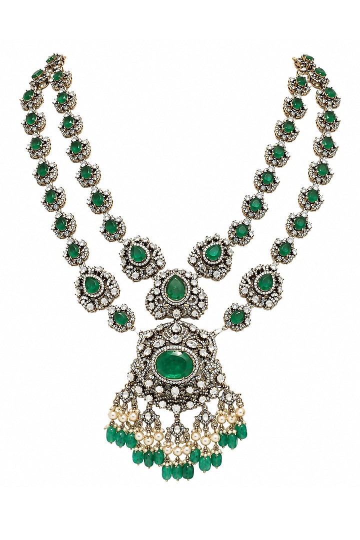 Gold Plated Moissanite Polki & Emerald Green Stone Layered Necklace Set by Vivinia By Vidhi Mehra at Pernia's Pop Up Shop