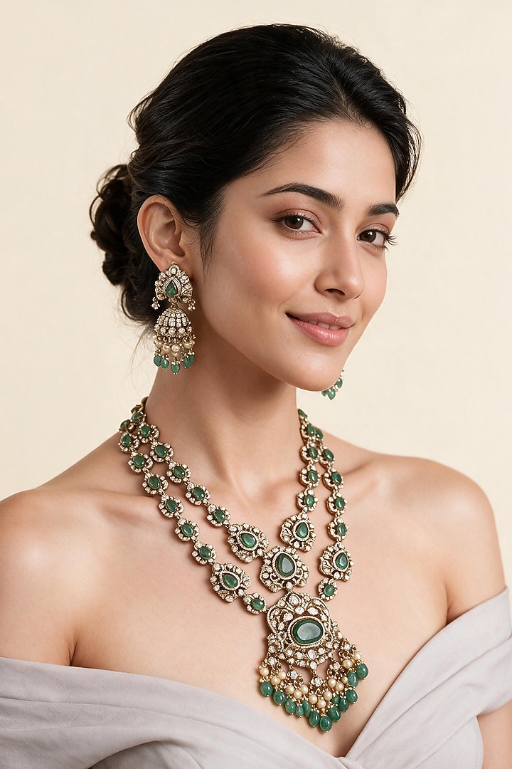 Gold Plated Moissanite Polki & Sage Green Stone Layered Necklace Set by Vivinia By Vidhi Mehra at Pernia's Pop Up Shop