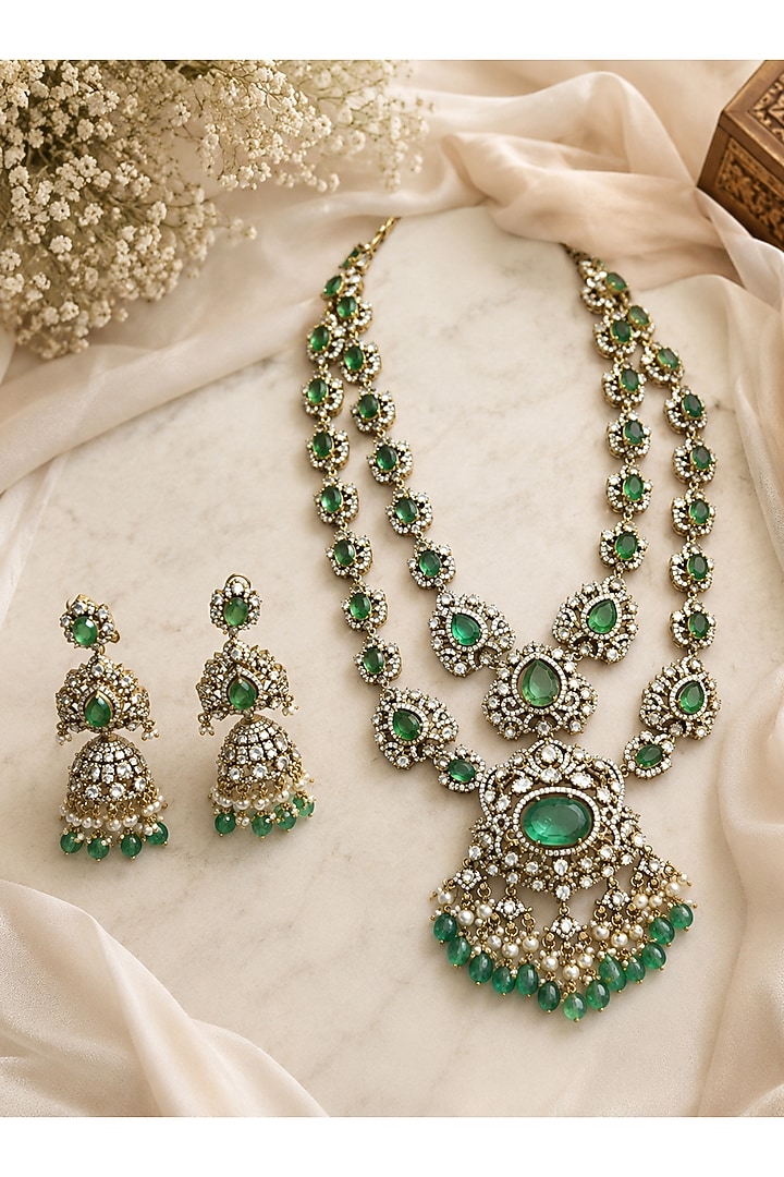 Gold Plated Moissanite Polki & Sage Green Stone Layered Necklace Set by Vivinia By Vidhi Mehra at Pernia's Pop Up Shop