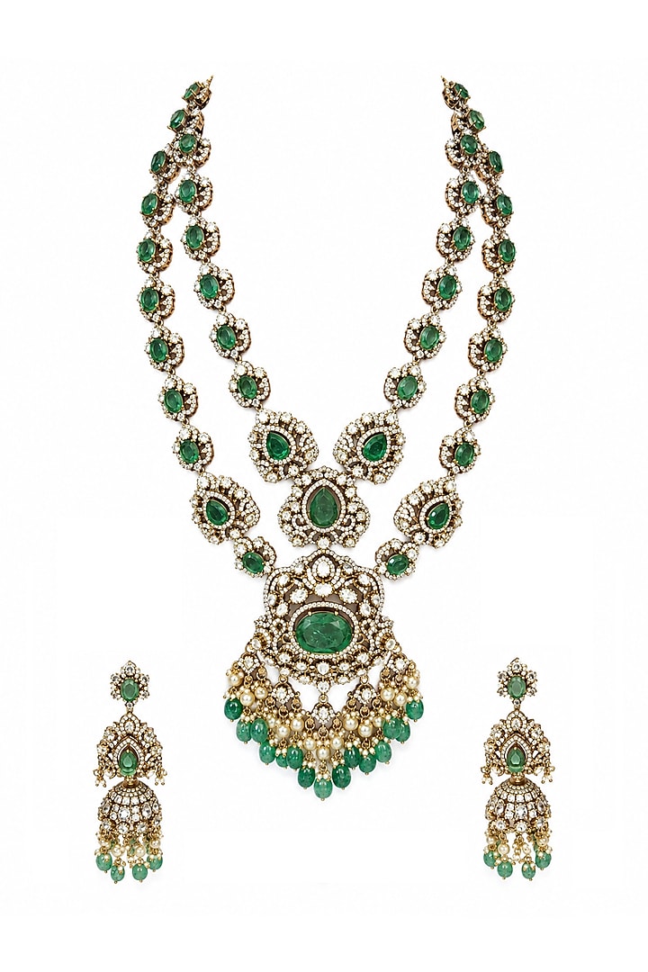 Gold Plated Moissanite Polki & Sage Green Stone Layered Necklace Set by Vivinia By Vidhi Mehra at Pernia's Pop Up Shop