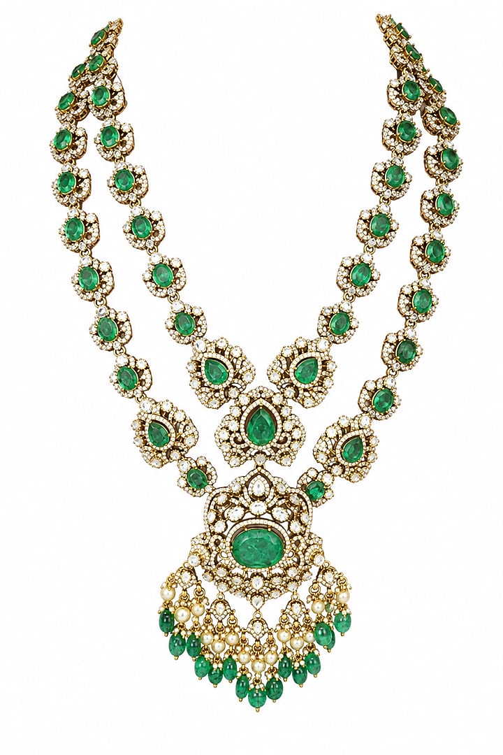 Gold Plated Moissanite Polki & Sage Green Stone Layered Necklace Set by Vivinia By Vidhi Mehra at Pernia's Pop Up Shop