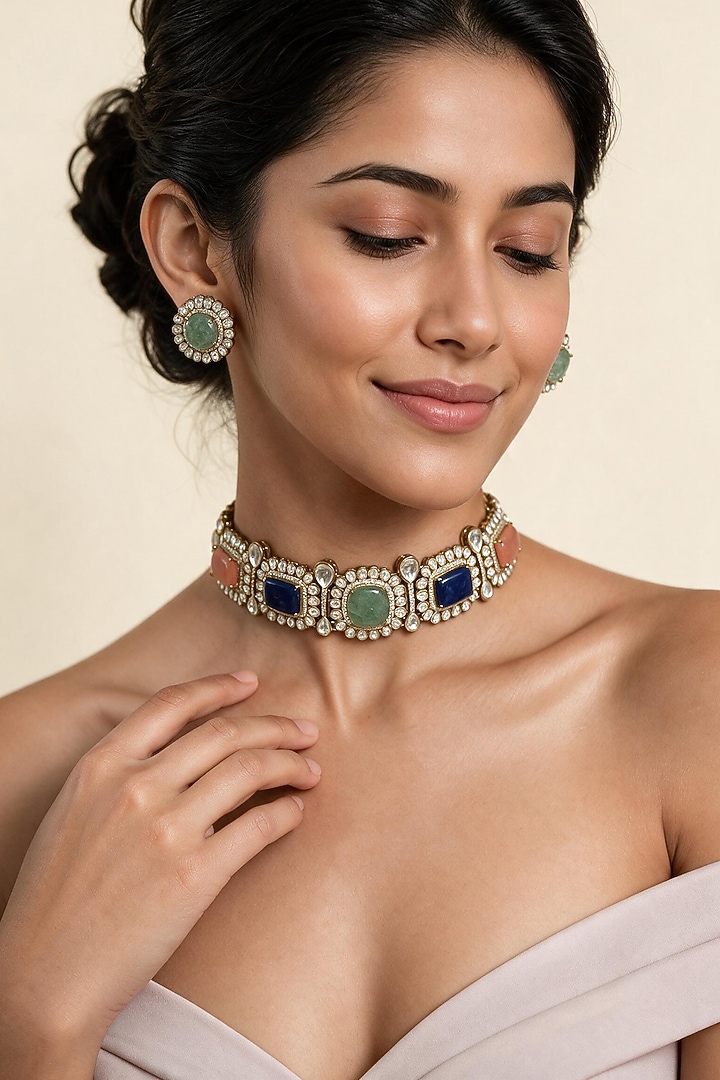 Gold Plated Kundan Polki & Multi-Colored Stone Choker Necklace Set by Vivinia By Vidhi Mehra at Pernia's Pop Up Shop