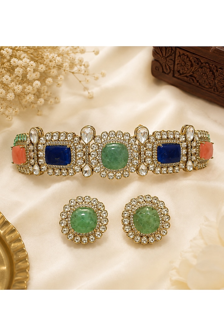 Gold Plated Kundan Polki & Multi-Colored Stone Choker Necklace Set by Vivinia By Vidhi Mehra at Pernia's Pop Up Shop