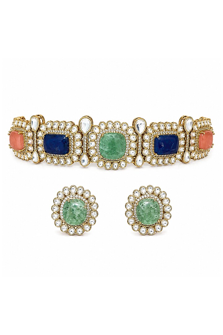 Gold Plated Kundan Polki & Multi-Colored Stone Choker Necklace Set by Vivinia By Vidhi Mehra at Pernia's Pop Up Shop