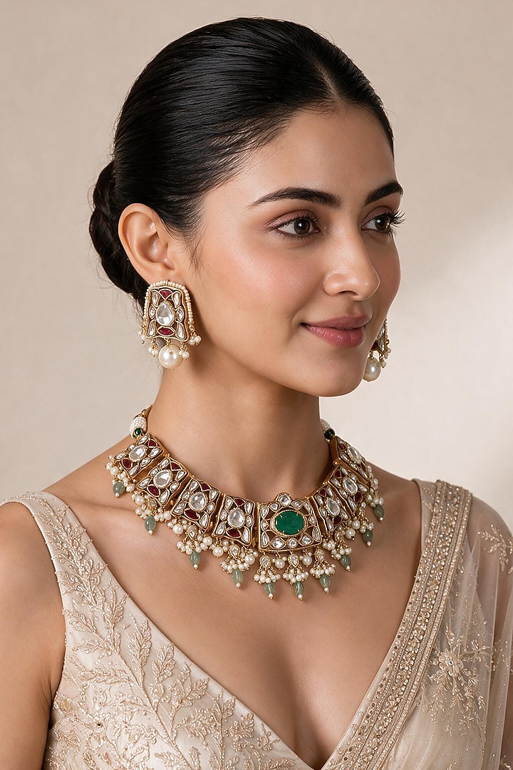 Gold Plated Kundan Polki & Sage Green Stone Choker Necklace Set by Vivinia By Vidhi Mehra at Pernia's Pop Up Shop