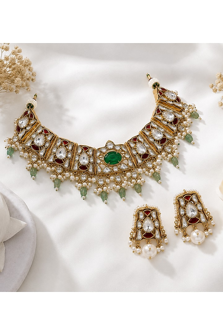 Gold Plated Kundan Polki & Sage Green Stone Choker Necklace Set by Vivinia By Vidhi Mehra at Pernia's Pop Up Shop