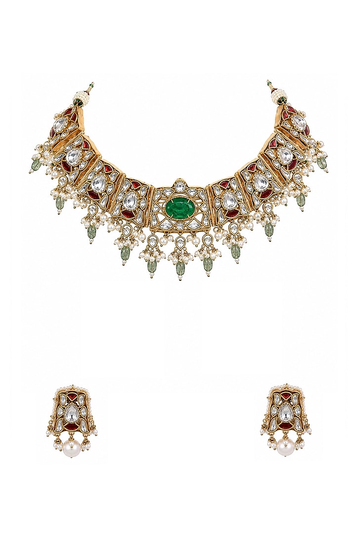 Gold Plated Kundan Polki & Sage Green Stone Choker Necklace Set by Vivinia By Vidhi Mehra at Pernia's Pop Up Shop