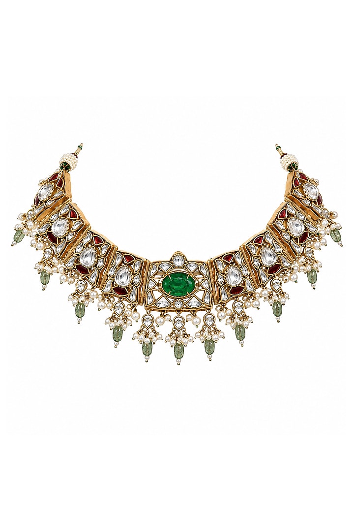 Gold Plated Kundan Polki & Sage Green Stone Choker Necklace Set by Vivinia By Vidhi Mehra at Pernia's Pop Up Shop