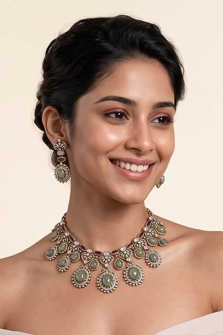 Gold Plated Zircon & Sage Green Semi-Precious Stone Necklace Set by Vivinia By Vidhi Mehra at Pernia's Pop Up Shop