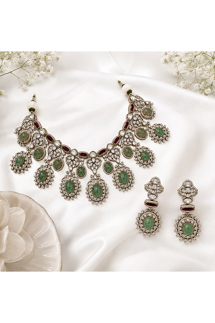 Gold Plated Zircon & Sage Green Semi-Precious Stone Necklace Set by Vivinia By Vidhi Mehra at Pernia's Pop Up Shop