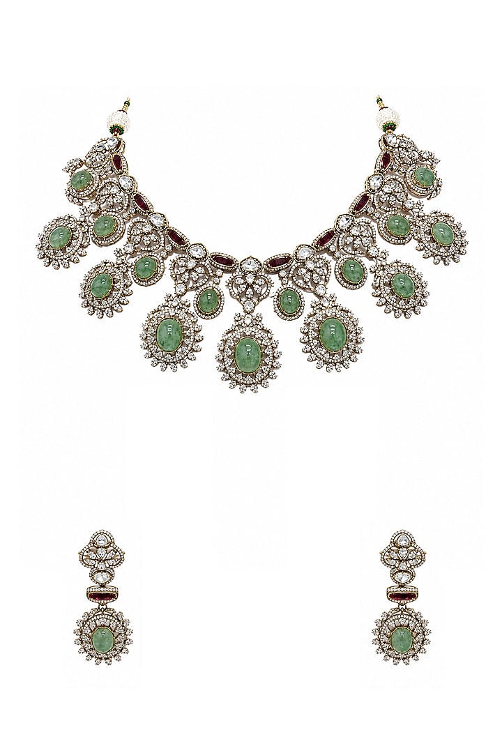Gold Plated Zircon & Sage Green Semi-Precious Stone Necklace Set by Vivinia By Vidhi Mehra at Pernia's Pop Up Shop
