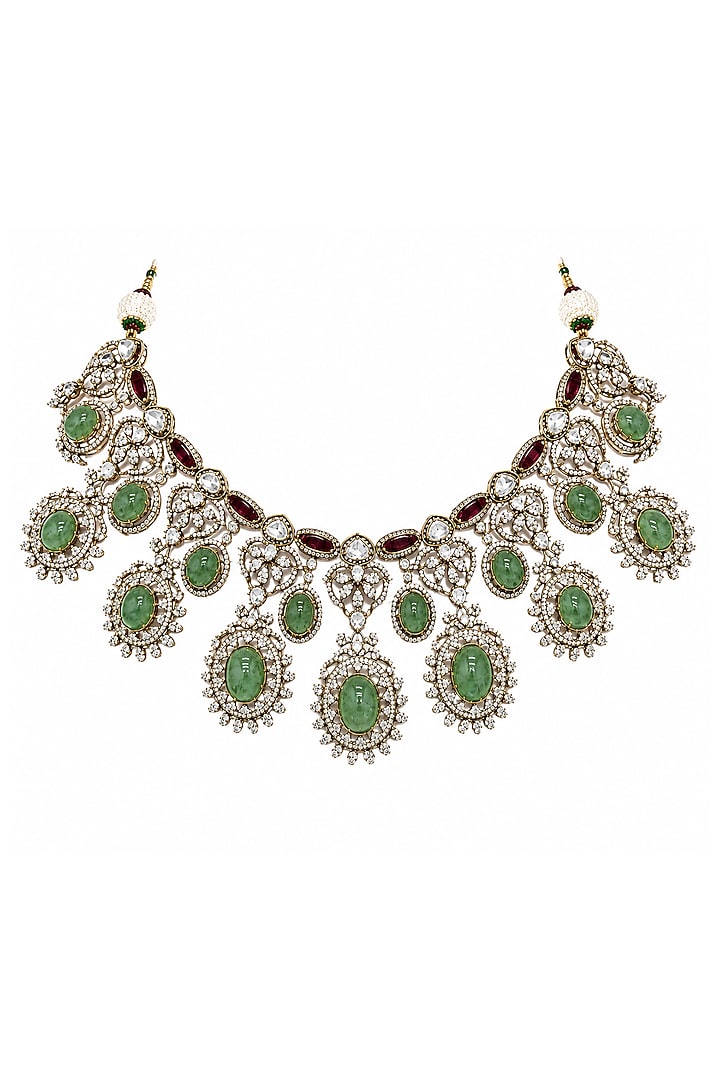 Gold Plated Zircon & Sage Green Semi-Precious Stone Necklace Set by Vivinia By Vidhi Mehra at Pernia's Pop Up Shop