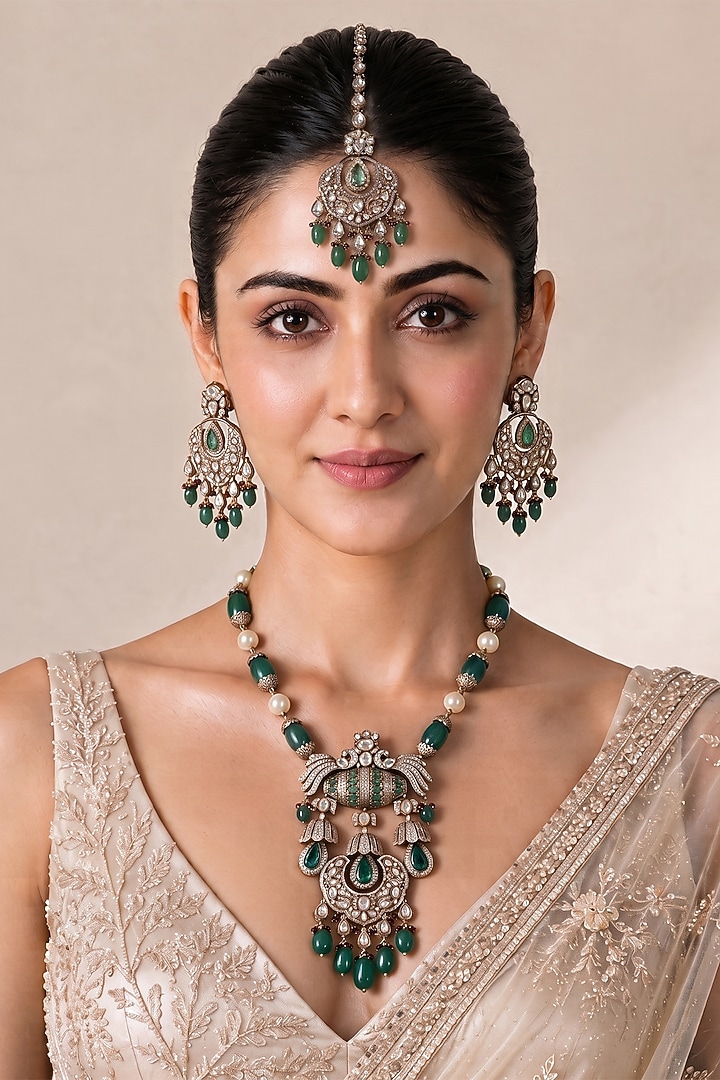 Gold Plated Kundan Polki & Emerald Green Stone Long Necklace Set by Vivinia By Vidhi Mehra at Pernia's Pop Up Shop