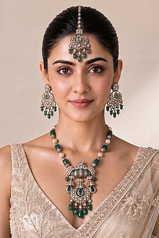 Gold Plated Kundan Polki & Emerald Green Stone Long Necklace Set by vivinia by vidhi mehra