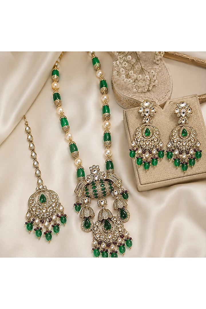 Gold Plated Kundan Polki & Emerald Green Stone Long Necklace Set by Vivinia By Vidhi Mehra at Pernia's Pop Up Shop