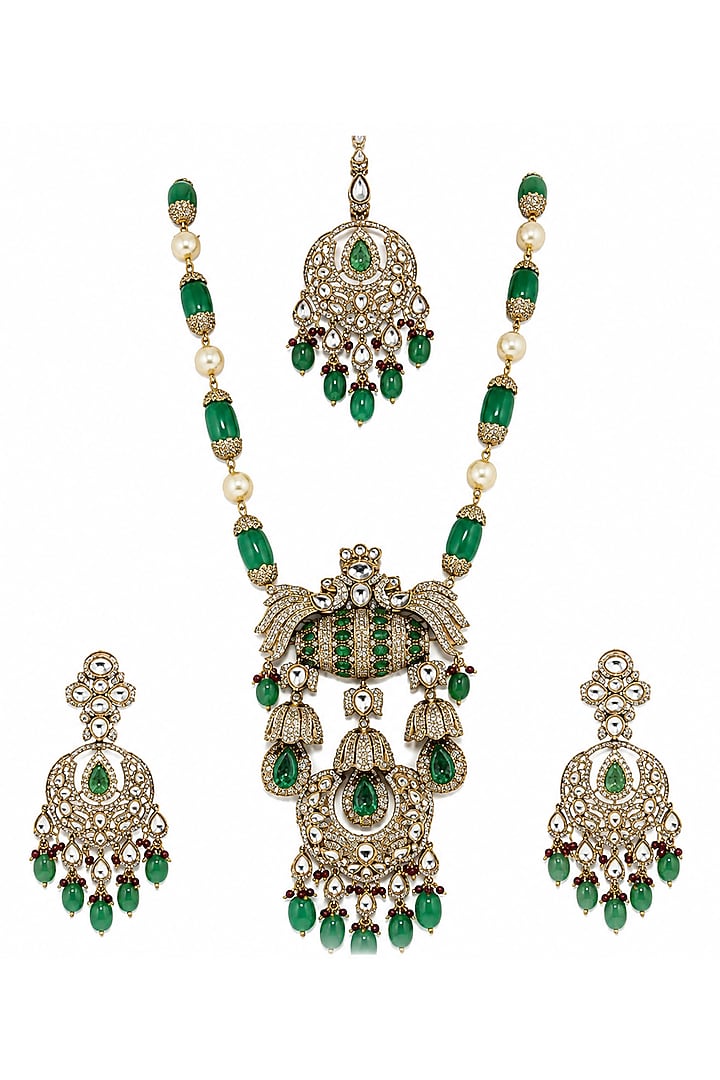 Gold Plated Kundan Polki & Emerald Green Stone Long Necklace Set by Vivinia By Vidhi Mehra at Pernia's Pop Up Shop