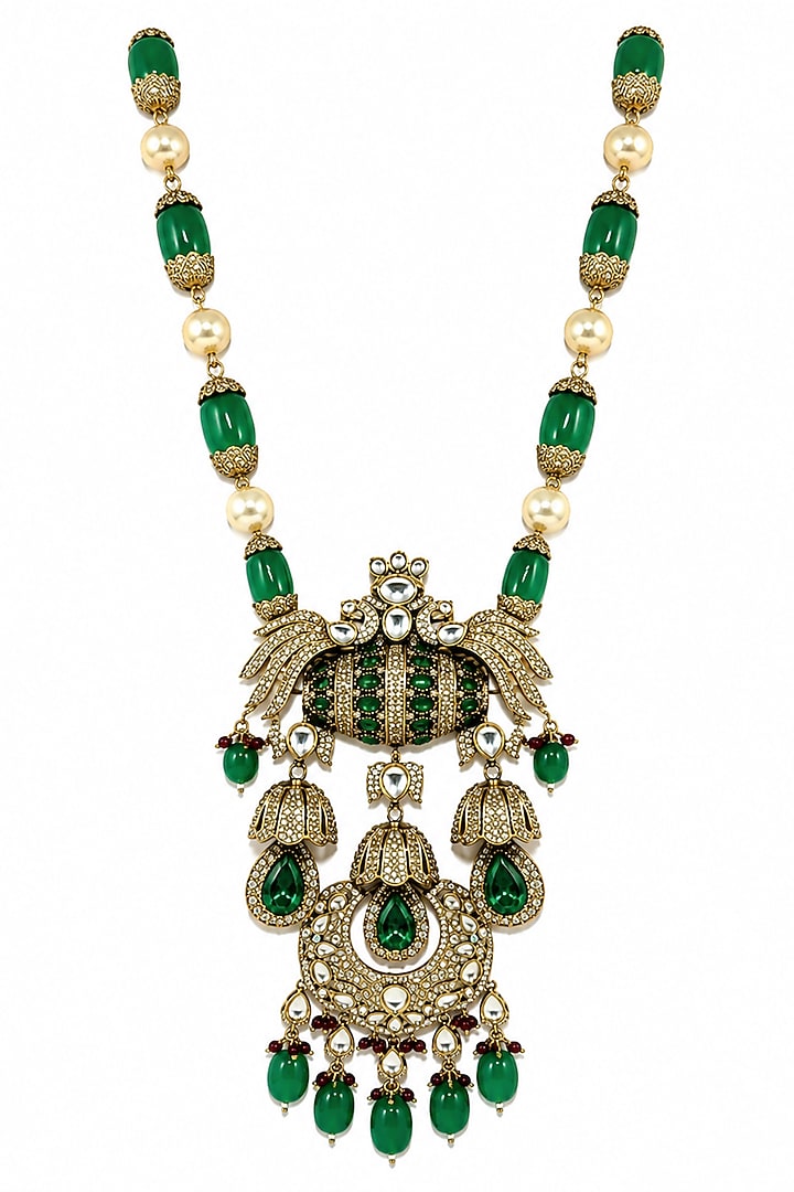 Gold Plated Kundan Polki & Emerald Green Stone Long Necklace Set by Vivinia By Vidhi Mehra at Pernia's Pop Up Shop