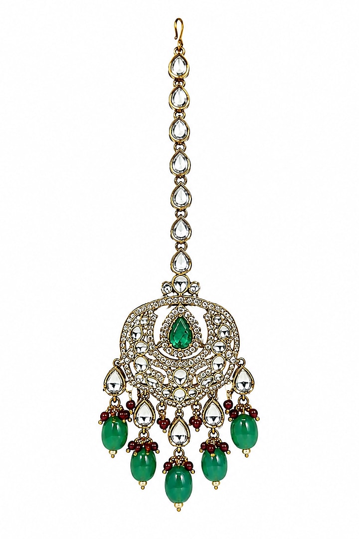 Gold Plated Kundan Polki & Emerald Green Stone Long Necklace Set by Vivinia By Vidhi Mehra at Pernia's Pop Up Shop