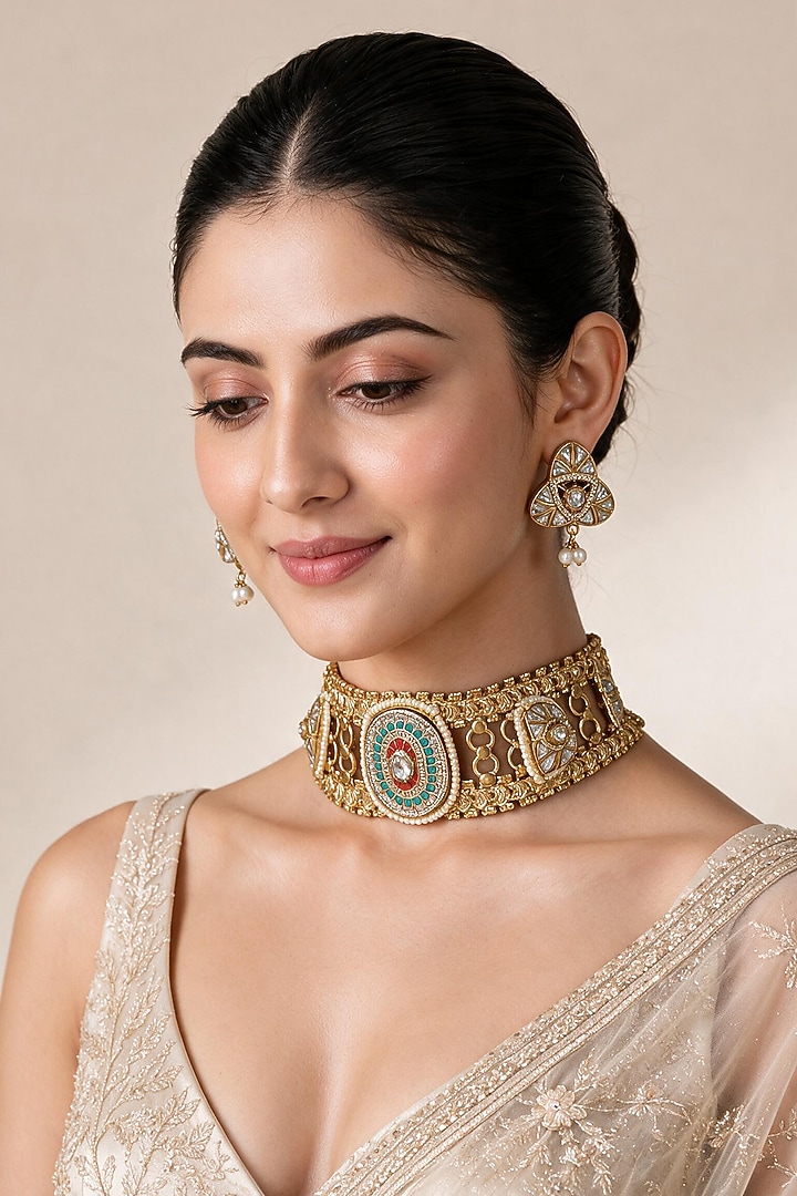 Gold Plated Kundan Polki & Pearl Jadau Choker Necklace Set by Vivinia By Vidhi Mehra at Pernia's Pop Up Shop