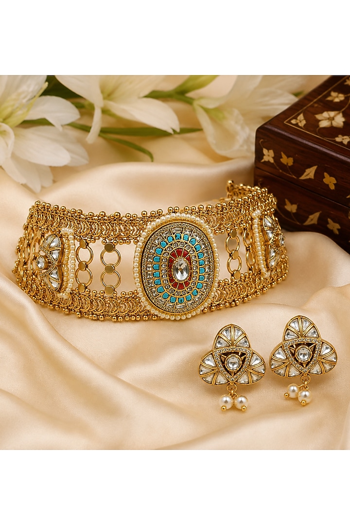 Gold Plated Kundan Polki & Pearl Jadau Choker Necklace Set by Vivinia By Vidhi Mehra at Pernia's Pop Up Shop