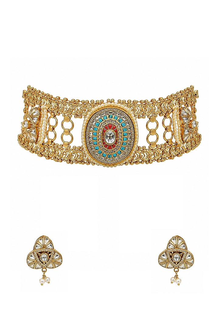 Gold Plated Kundan Polki & Pearl Jadau Choker Necklace Set by Vivinia By Vidhi Mehra at Pernia's Pop Up Shop