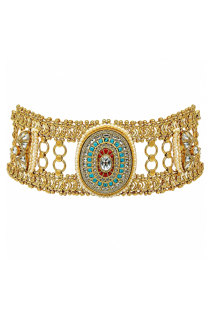Gold Plated Kundan Polki & Pearl Jadau Choker Necklace Set by Vivinia By Vidhi Mehra at Pernia's Pop Up Shop