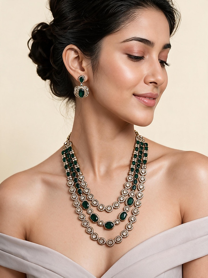 Gold Plated Moissanite Polki & Emerald Green Stone Layered Necklace Set by Vivinia By Vidhi Mehra at Pernia's Pop Up Shop
